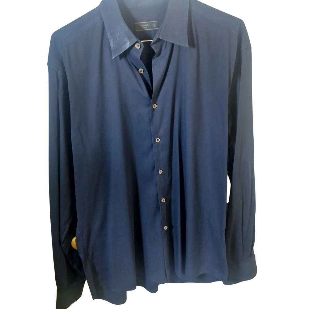 Prada Milano Mens Navy Blue Button Down Shirt Long Sleeve Size 43 17 Luxury